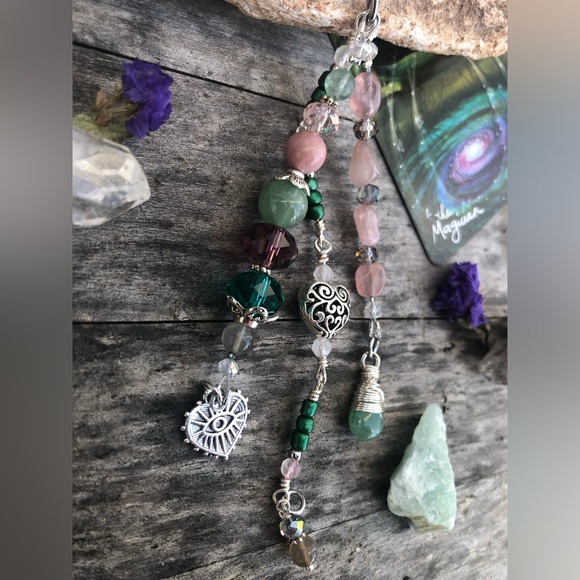 Floral Rose Quartz Aventurine Gemstone Purse Charm Keychain / Car Mirror Charm - Picture 8 of 15